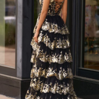 Sparkly Off The Shoulder Black Tulle Slit Prom Dress With Lace Appliques  - Thumbnail 1