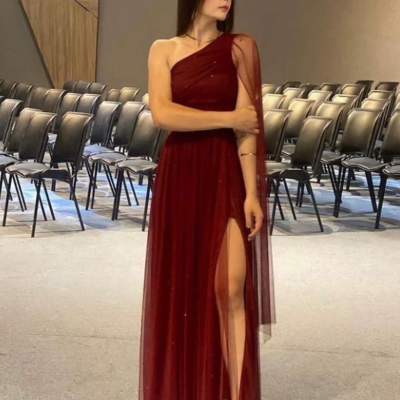 Pretty one shoulder burgundy tulle prom dress slit 