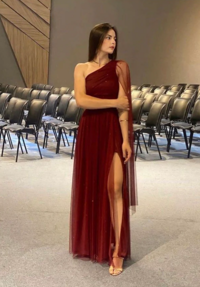 Pretty One Shoulder Burgundy Tulle Prom Dress Slit 