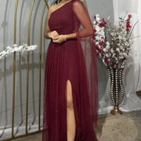 Pretty One Shoulder Burgundy Tulle Prom Dress Slit  - Thumbnail 1