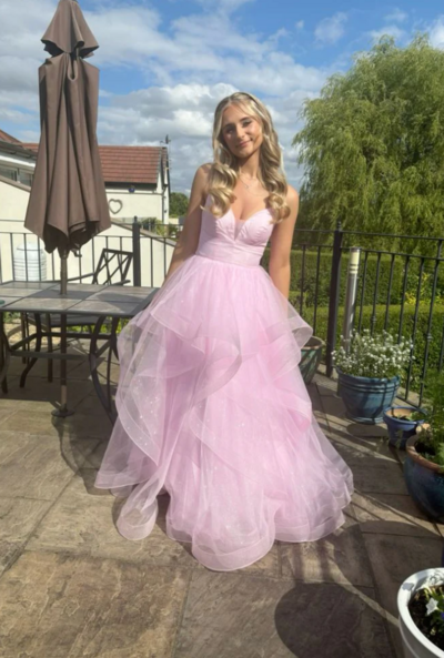 Shiny Pink Tulle Tiered A Line Prom Dresses