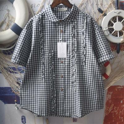 Sweet loose short-sleeved plaid blouses