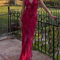 Charming Deep V Neck Satin Print Floral Prom Dress Long  - Thumbnail 1