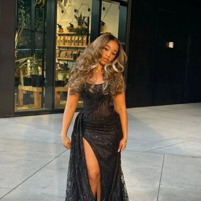 Sexy mermaid black lace sequin slit long evening dress - Thumbnail 1