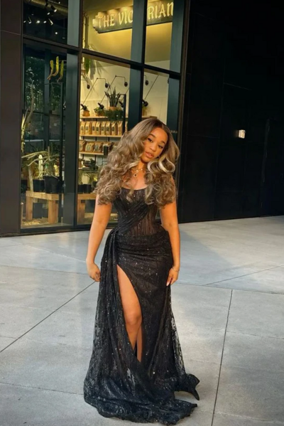 Sexy Mermaid Black Lace Sequin Slit Long Evening Dress