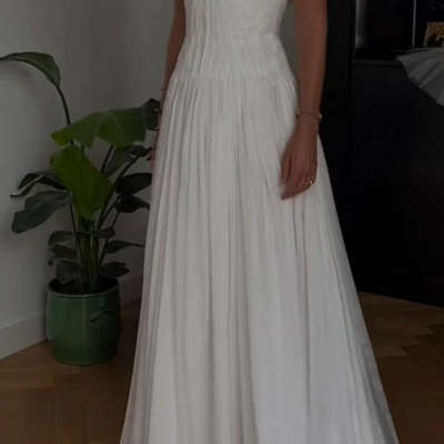 Beautiful a line white chiffon prom dress wedding dress for party