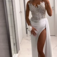 Sheath Beading Lace Appliques Split Long Prom Dress  - Thumbnail 1