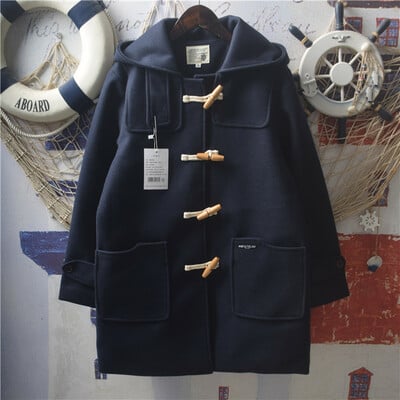 Harajuku retro letter patch large pocket horn button hooded jacket