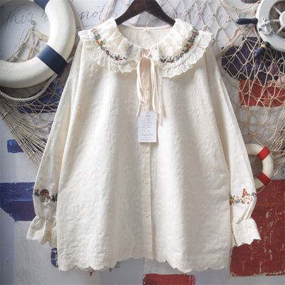 Sweet embroidered ruffled baby collar with bow tie loose blouses