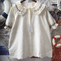 Sweet embroidered ruffled baby collar with bow tie loose blouses - Thumbnail 5