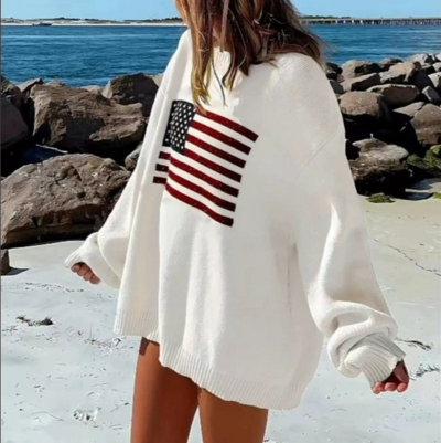 Retro street star flag pattern loose round neck pullover sweater top