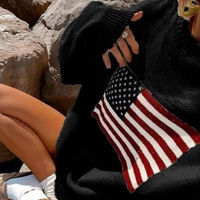 Retro street star flag pattern loose round neck pullover sweater top - Thumbnail 4