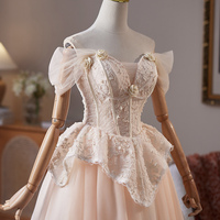 Champagne Tulle Lace Short A-Line Homecoming Party Dress - Thumbnail 1