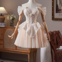 Champagne Tulle Lace Short A-Line Homecoming Party Dress - Thumbnail 4