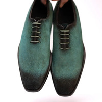 Crafted Leather Classic Aqua Green Suede Leather Dress Shoes - Thumbnail 4