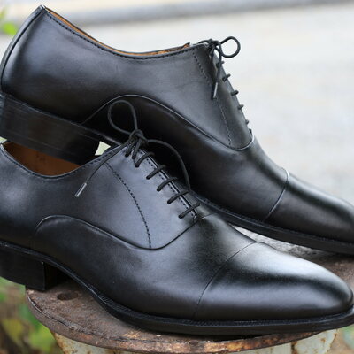 Crafted leather black oxford men dress shoes - Thumbnail 2