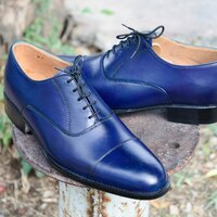 Crafted Leather Handmade Men Classic Blue Leather Lace up Oxford Dress Shoes - Thumbnail 1