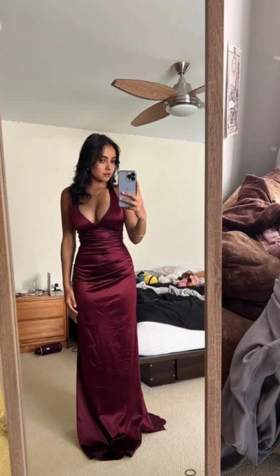 Sexy Plunging V- Neckline Burgundy Satin Long Prom Dresses