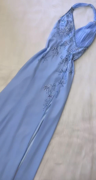 Chic Halter A Line Blue Long Prom Dress With Beading