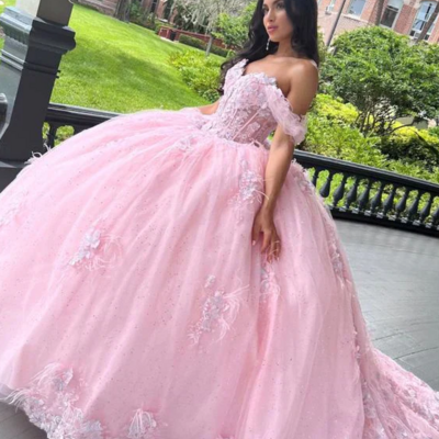 Ball gown pink tulle sweet 16 lace appliques quinceanera dress