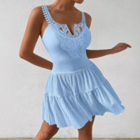 Solid Color Lace V-Neck Sleeveless Ruffle Edge Dress - Thumbnail 3