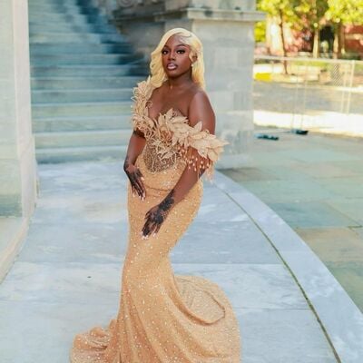 Champagne sequins mermaid prom dresses afrcian girls beading crystals evening gowns formal party gowns - Thumbnail 1