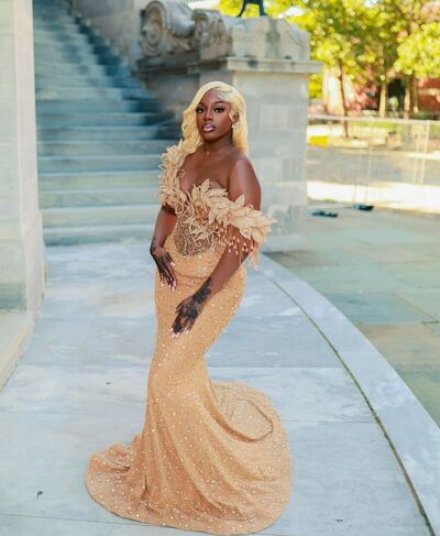 Champagne Sequins Mermaid Prom Dresses Afrcian Girls Beading Crystals Evening Gowns Formal Party Gowns