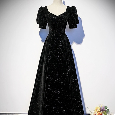 Black velvet short sleeve a-line evening party dress - Thumbnail 1