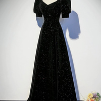 Black Velvet Short Sleeve A-Line Evening Party Dress - Thumbnail 1