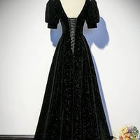 Black Velvet Short Sleeve A-Line Evening Party Dress - Thumbnail 2