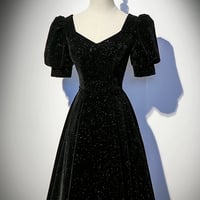 Black Velvet Short Sleeve A-Line Evening Party Dress - Thumbnail 3