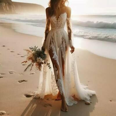 Simple sheath lace long sleeve beach boho wedding dress bridal gown wedding gown，1153
