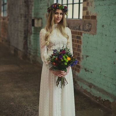 Modest west polka dots country wedding dresses high neck bohemian lace wedding dress，1154