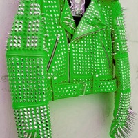 Crafted Leather Men Classy Green Leather Studded Jacket with Silver Studs and Spikes - Thumbnail 1