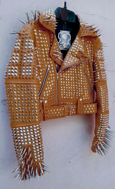 Crafted Leather Men Classy Brown Leather Studded Jacket with Silver Studs and Spikes