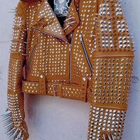 Crafted Leather Men Classy Brown Leather Studded Jacket with Silver Studs and Spikes - Thumbnail 1