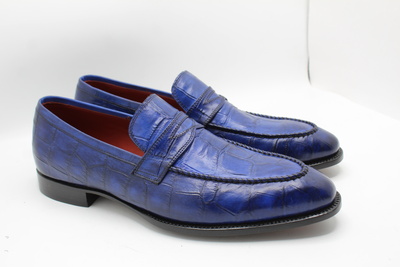Crafted Leather Handmade Men Blue Crocodile Leather Moccasin Loafers Dress Shoes