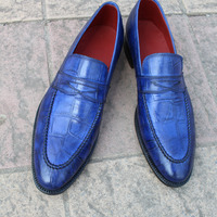 Crafted Leather Handmade Men Blue Crocodile Leather Moccasin Loafers Dress Shoes - Thumbnail 1