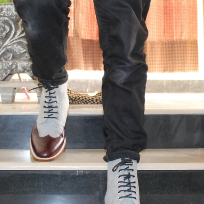 Crafted leather handmade men brown tweed leather ankle high wingtip dress boot