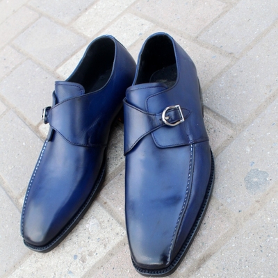 Crafted leather handmade men blue leather monk strap dress shoes - Thumbnail 2