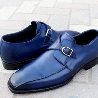 Crafted Leather Handmade Men Blue Leather Monk Strap Dress Shoes - Thumbnail 1