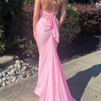 Mermaid Halter Neck Long Backless Pink Prom Dresses - Thumbnail 1
