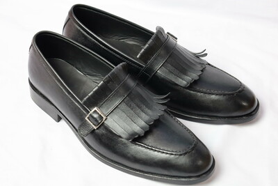 Crafted Leather Handmade Men Black Leather Fringes Monk Strap Dress Shoes