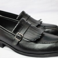 Crafted Leather Handmade Men Black Leather Fringes Monk Strap Dress Shoes - Thumbnail 2