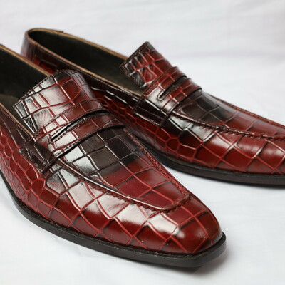 Crafted leather handmade men burgundy blak crocodile leather moccasin loafers dress shoes - Thumbnail 3