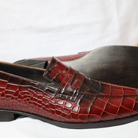Crafted Leather Handmade Men Burgundy Blak Crocodile Leather Moccasin Loafers Dress Shoes - Thumbnail 2