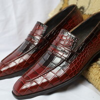Crafted Leather Handmade Men Burgundy Blak Crocodile Leather Moccasin Loafers Dress Shoes - Thumbnail 3