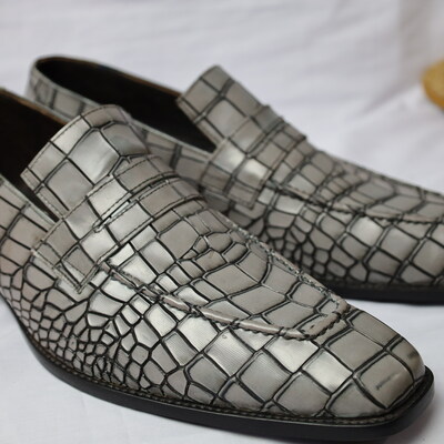 Crafted leather handmade men gray crocodile/alligator leather dress shoes - Thumbnail 1