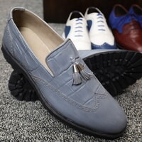 Crafted Leather Handmade Men Gray Crocodile Leather Loafers Dress Shoes - Thumbnail 6