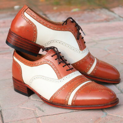 Crafted leather handmade men classic brown white leather oxford dress shoes - Thumbnail 2